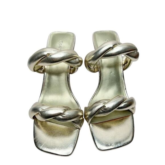Open Edit Sandals Size 6.5 Gold Metallic Twisted Double Strap‎ Slip On Heels - Picture 6 of 9